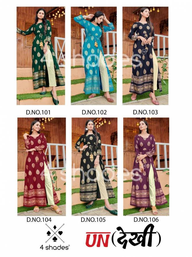 4 Shades Un Dekhi Ethnic Wear Long Rayon Printed Designer Kurtis Collection
